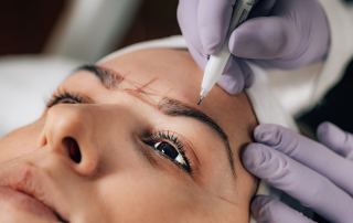 close up of beautician doing permanent brow tattoo